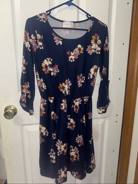 Dark blue Floral quarter Sleeve Fit & Flare Dress